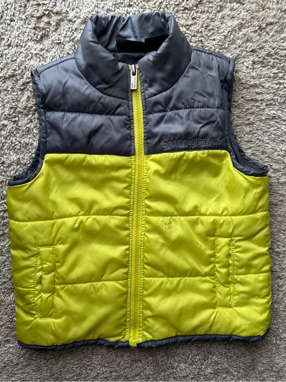 Calvin Klein Jeans Color Block Puffer Vest Toddler Size 2T Gray & Neon Yellow